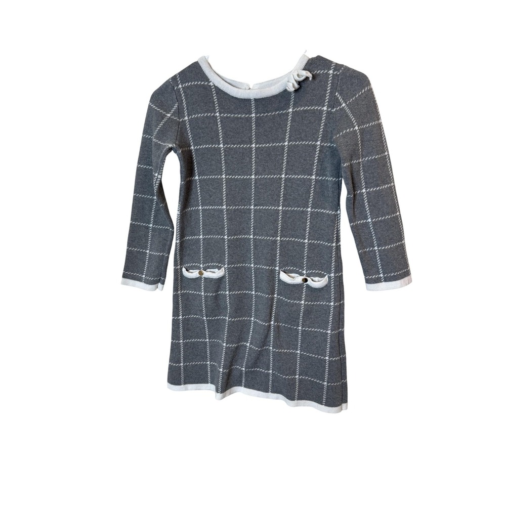 Hope & Henry Dress Girls 7 Gray Windowpane Organic Cotton Sweater Pockets Bow‎